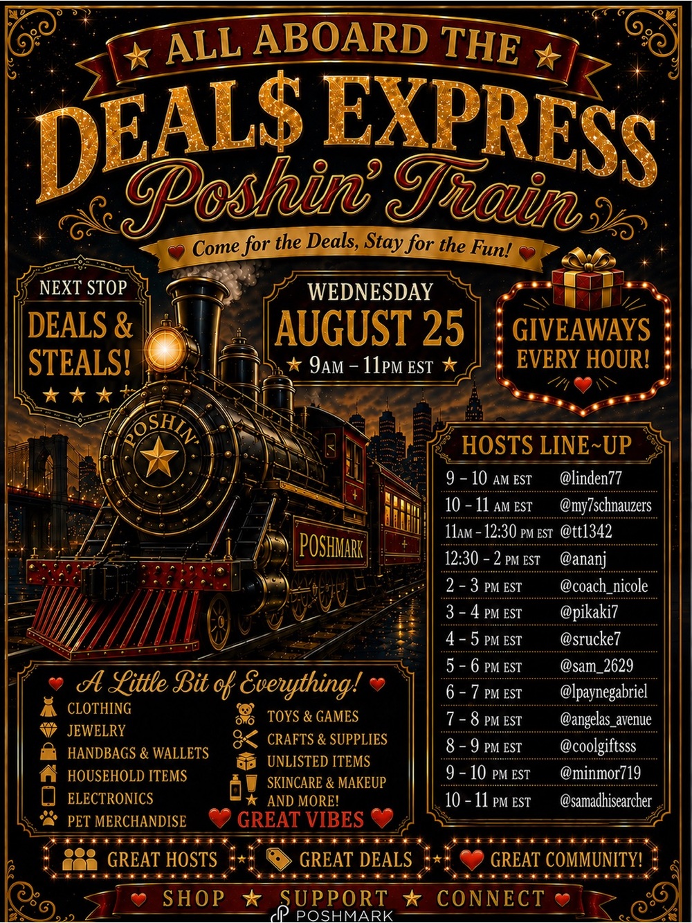 ✨ ALL ABOARD THE DEALS EXPRESS Poshin Train✨ 8/25/26 𝐌𝐘 𝐓𝐈𝐌𝐄 𝐒𝐋𝐎𝐓: 𝟕~𝟖 𝐏𝐌 𝐄𝐒𝐓